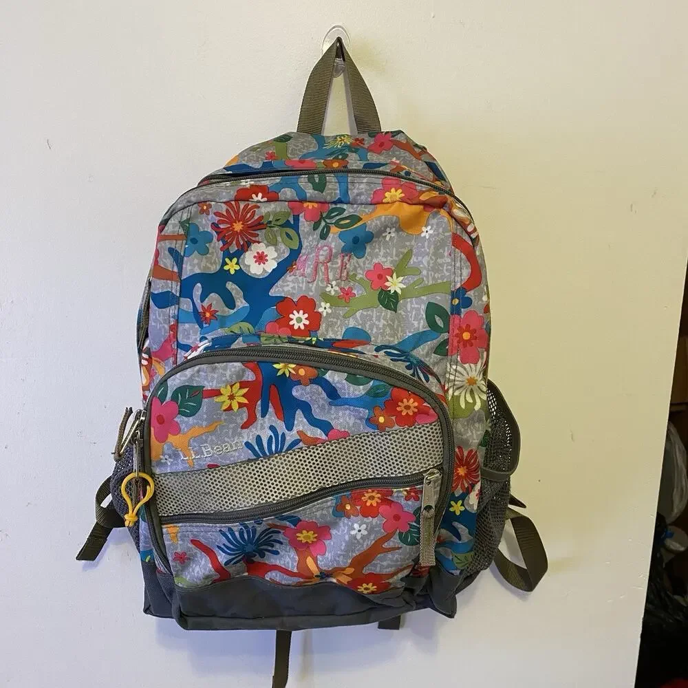 LL Bean Deluxe Book Pack Backpack Gray Floral Kid School Travel Camping Hike Bag